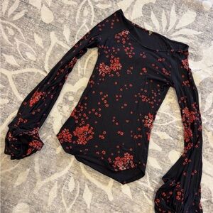 Free People Black Long-Sleeve Top with Red Floral Print